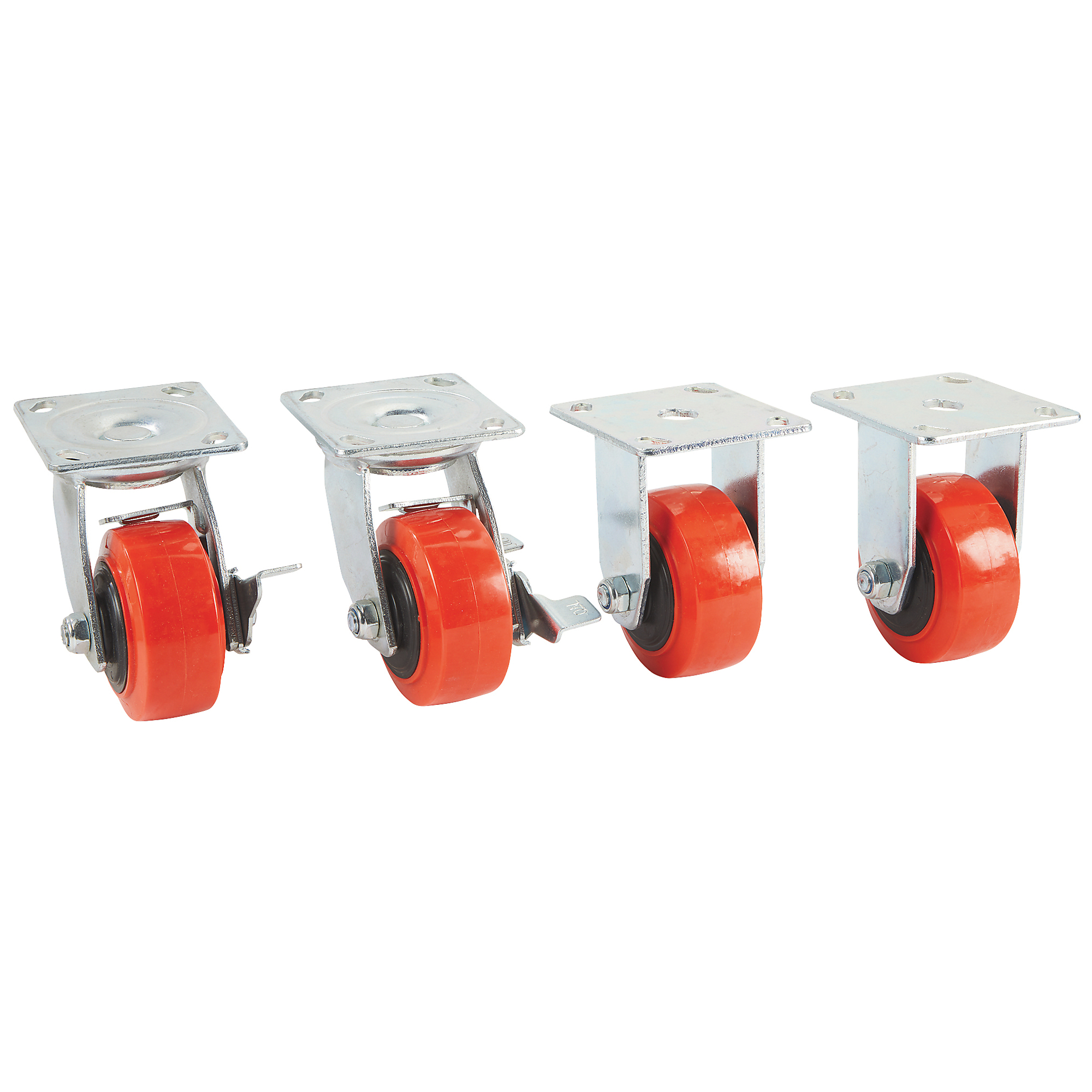 Klutch 4in. Nonmarking Polyurethane Casters, 4-Pack, 2200-Lb. Capacity Per Set, 2 Casters with Brakes, Red